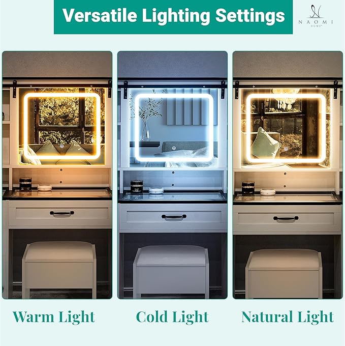 Naomi Home Vanya 47" Makeup Vanity with Sliding Mirror and Lights Farmhouse Vanity Table with 5 Drawers 2 cabinets Visible Glass top and 3 Color Lighting Modes Charging Station with Stool