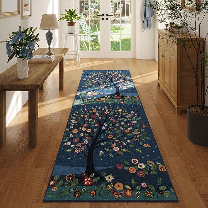 Runner Rug for Kitchen Rug Non Slip 2'x6' Washable Rugs Floral Tree with Rubber Backing Bohemian Soft Carpet Runner for Kitchen, Laundry, Bedroom, Bathroom, Blue