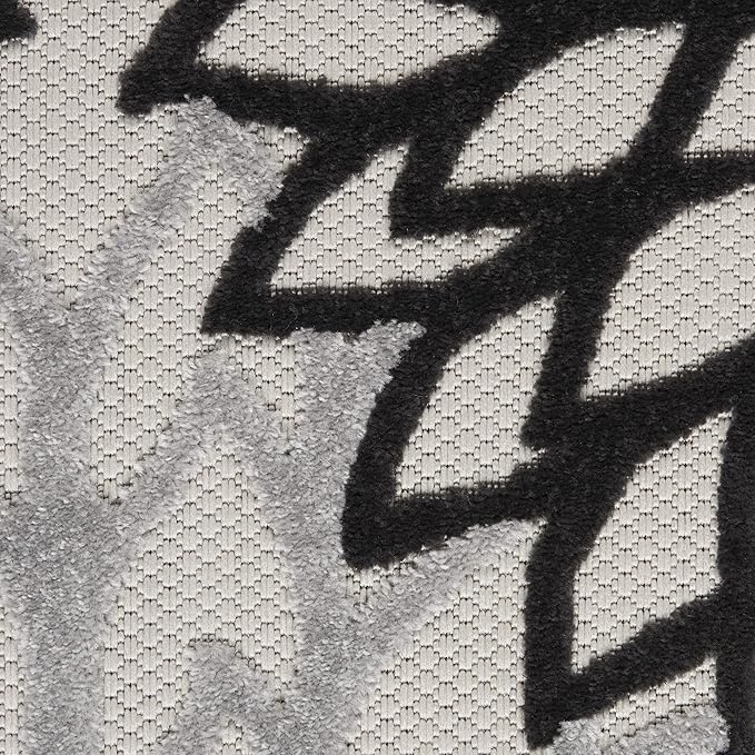 Nourison Aloha Indoor/Outdoor Black White 7'10" x Round Area Rug, Tropical, Botanical, Easy Cleaning, Non Shedding, Bed Room, Living Room, Dining Room, Deck, Backyard, Patio (8 Round)