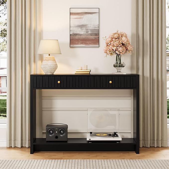 Console Table with Drawers, Narrow Mid-Century Fluted Entryway Table Sofa Table with Storage Shelf, Wood Entry Table Accent Behind Couch Table for Entrance, Hallway, Living Room (Black)