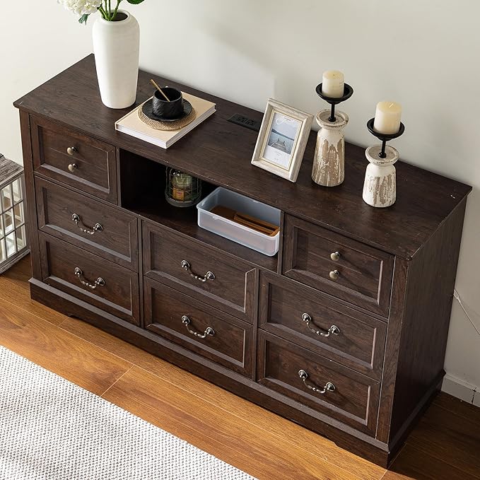 Dresser for Bedroom with Charging Station & Led Lights,55.02" TV Stand with 8 Drawers,Dressers & Chests of Drawers with Open Shelves,Hallway,Closet 55.02" W x 34.53" H x 15.77" D Brown