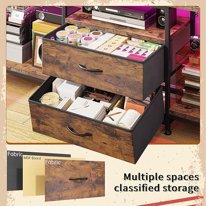 55" W TV Stand for Bedroom with LED Lights & Power Outlets Dresser TV Stand with 2 Drawers for 65" TV with Open Storage Shelves