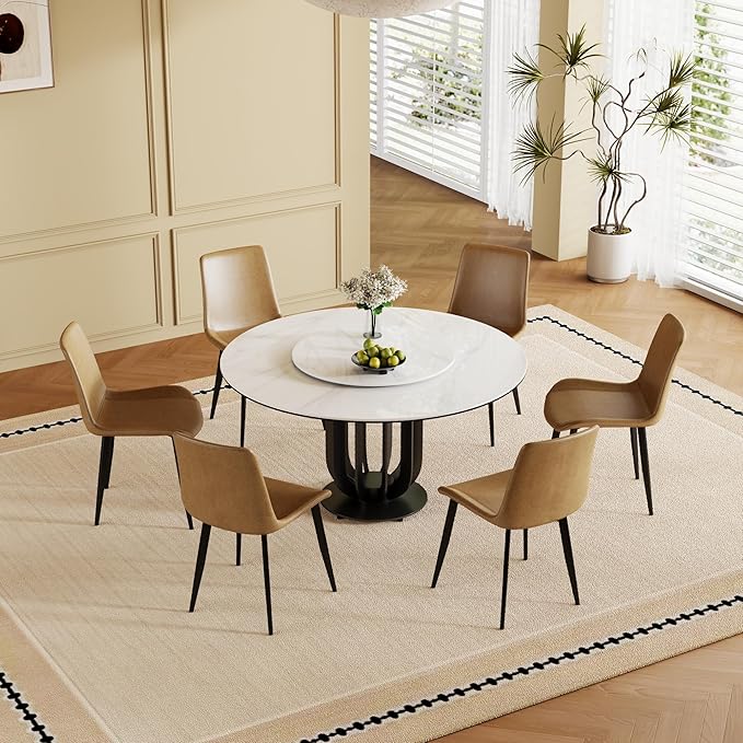 Dining Table Set with 8 Chairs, 59" Round Modern Marble Dining Table with Lazy Susan, Sintered Stone Top for Kitchen, Dining Room, Dinette