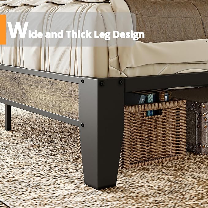 LIKIMIO Queen Bed Frame, Storage Headboard with Charging Station, Solid and Stable, Noise Free, No Box Spring Needed, Easy Assembly (Walnut and Beige)