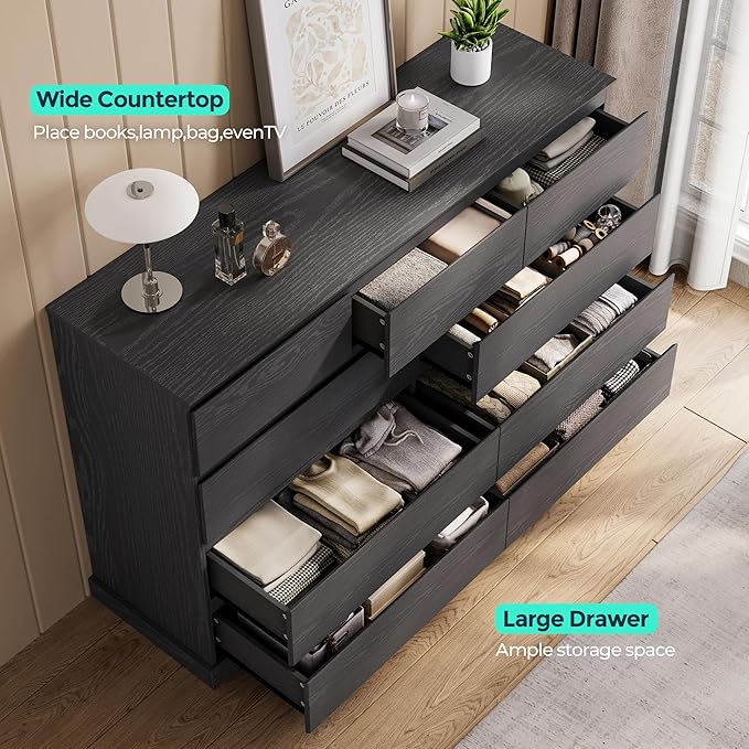 LINSY HOME 9 Drawer Dresser for Bedroom, 53" Wide Chest of Deep Drawers, Modern Farmhouse TV Stand Dressers with Storage, Large Drawer Organizer for Bedroom, Living Room, Handless Design, Black