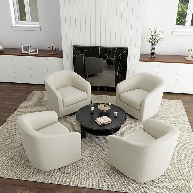 UIXE 360° Swivel Barrel Accent Chair Armchair, Round Club Arm Chair in Fabric for Lving Room, Modern Upholstered Small Bedroom Single Sofa Seat - Beige, Set of 4