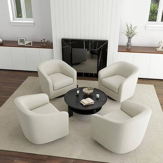 UIXE 360° Swivel Barrel Accent Chair Armchair, Round Club Arm Chair in Fabric for Lving Room, Modern Upholstered Small Bedroom Single Sofa Seat - Beige, Set of 4