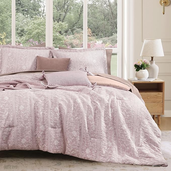 Queen Comforter Set -7 Pieces Floral Pink Comforter Set for All Seasons, Bed in a Bag Queen with Botanical Flowers Comforter, Sheets, Pillowcases & Shams