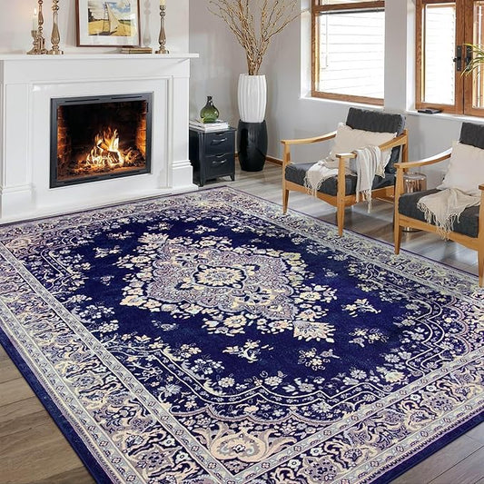 Living Room Rug 6x9 Rug, Machine Washable Area Rug Non Slip Low Pile Rug for Living Room, Bedroom, Farmhouse, Dining Room, Navy Blue