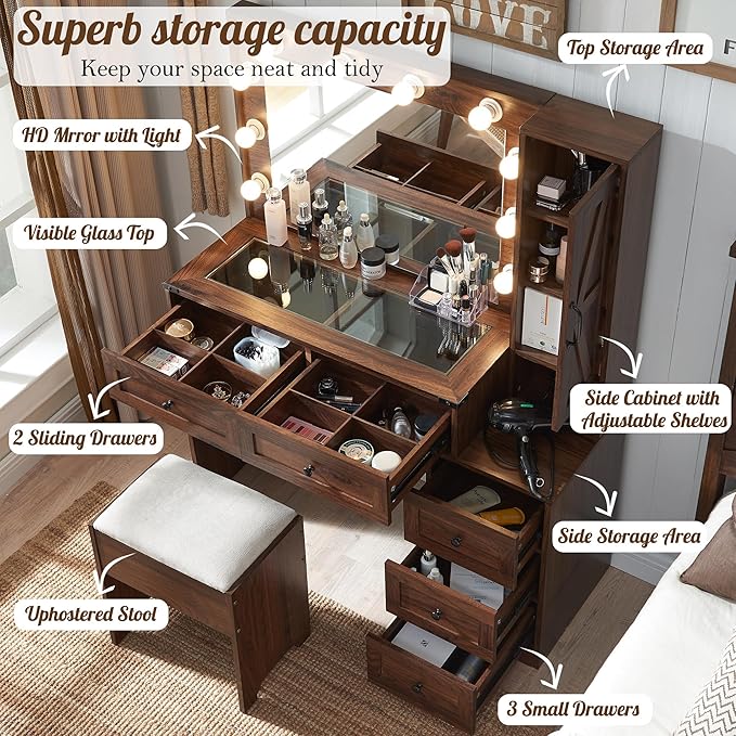 Farmhouse Vanity Desk with Mirror and Lights, 43" Wide Makeup Vanity with Glass Tabletop and Charging Station, Modern Vanity Table Set with Storage and Stool for Bedroom, Brown