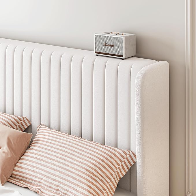 SHA CERLIN King Size Velvet Bed Frame with Vertical Channel Tufted Wingback Headboard, Upholstered Platform Bed with Wood Slats, No Box Spring Needed, Easy Assembly, White