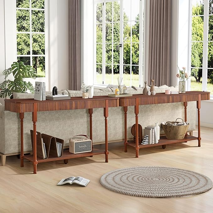63”Console Table with 2 Drawers,Retro Entryway Table with Fluted Panel & Storage Shelf,Narrow Long Behind Couch Tables Accent Sofa Table with Solid Wood Legs for Living Room Foyer Hallway(Walnut)