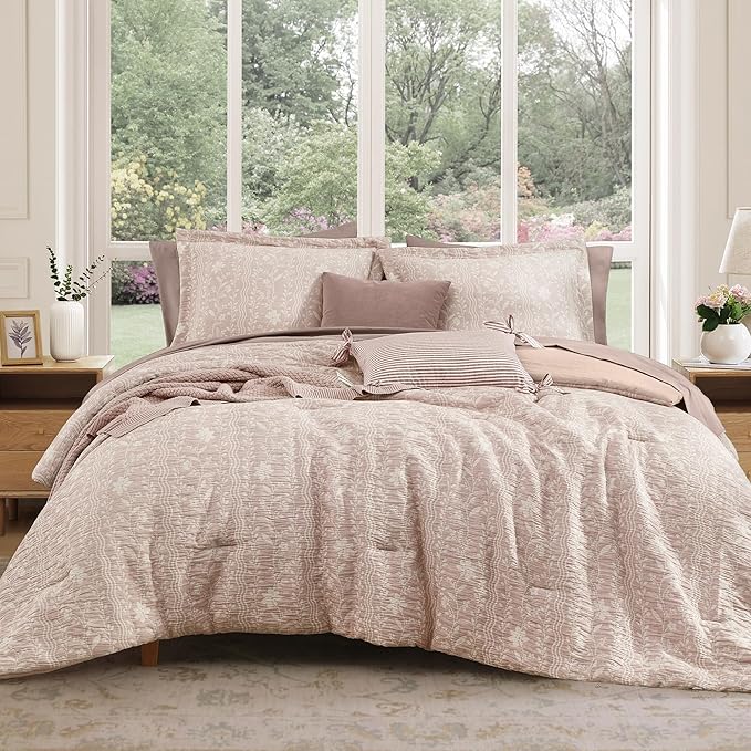 King Comforter Set -7 Pieces Almond Pink Floral Comforter Set for All Seasons, Bed in a Bag King with Botanical Flowers Comforter, Sheets, Pillowcases & Shams