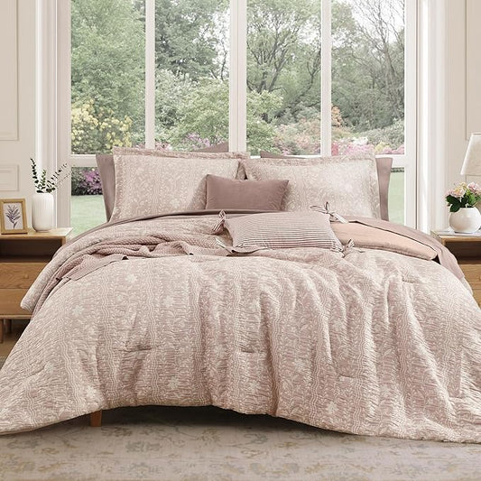 Queen Comforter Set -7 Pieces Botanical Almond Pink Comforter for All Seasons, Bed in a Bag Queen with Flowers Floral Comforter, Sheets, Pillowcases & Shams