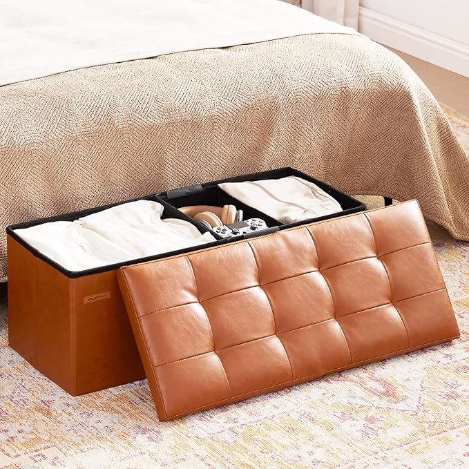 HAUSFRAU 31.5 Inches Ottoman with Storage Bench, Folding Ottoman Bench Small Foot Rest Stool, Bedroom Bench with Flipping Lid, Faux Leather Cognac Brown