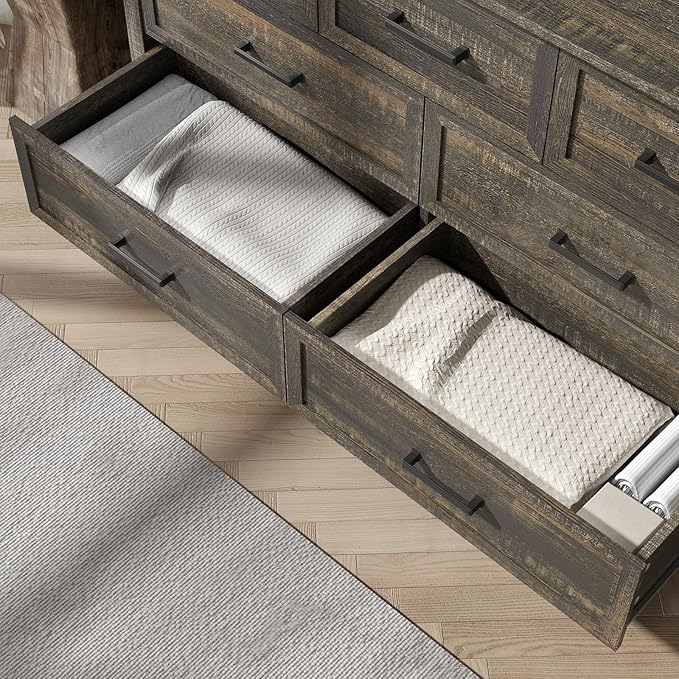 Farmhouse 7 Drawers Dresser for Bedroom, Wood Rustic Wide Chest with Natural Texture, Farmhouse Chest of Drawers for Bedroom, Hallway, Entryway, Dark Brown