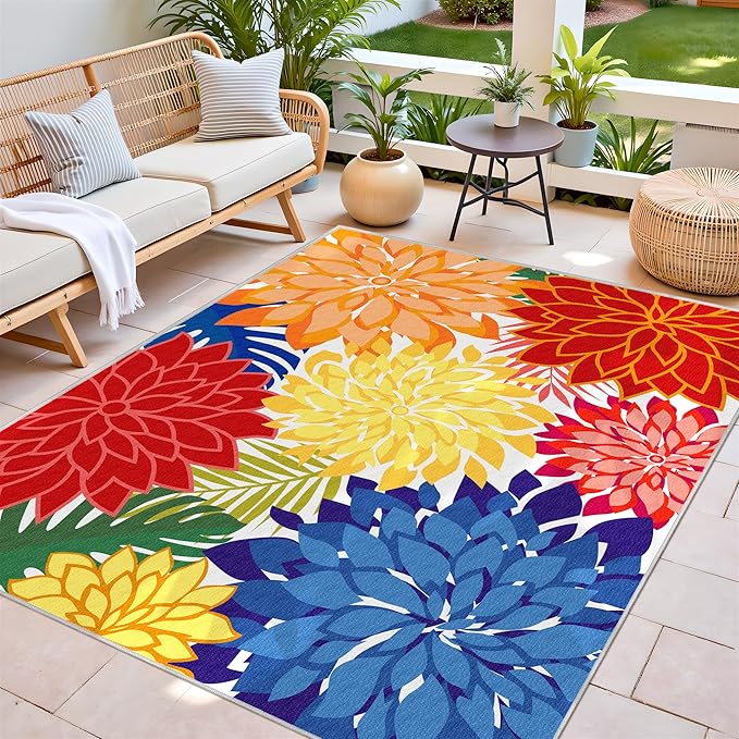Indoor Outdoor Area Rug 8x10 Patio Washable Multicolored Patio Rug Tropical Botanical Modern Floral Indoor Outdoor Carpet Non-Slip for RV, Pool Deck, Backyard, Porch