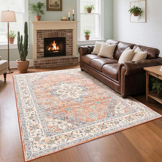 Vintage Area Rug 5x7 Rugs, Machine Washable Rug Non-Slip Low Pile Rug for Living Room, Bedroom, Farmhouse, Dining Room, Orange