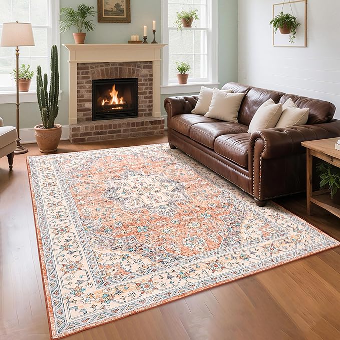 Living Room Rug 6x9 Rug, Machine Washable Area Rug Non Slip Low Pile Vintage Rug for Living Room, Bedroom, Farmhouse, Dining Room, Kids Playroom, Orange