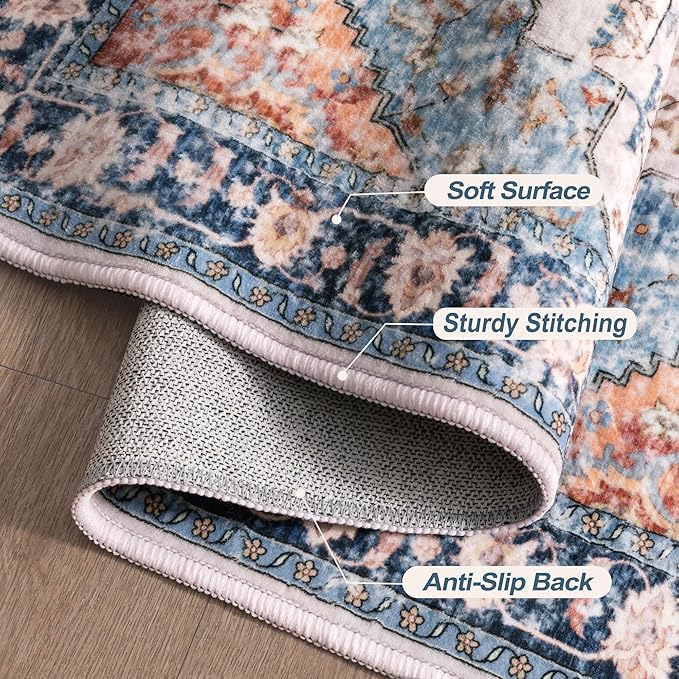 Tangsoo 8x10 Area Rug for Living Room, Washable Vintage Indoor Non Slip Large Area Rugs, Print Distressed Blue/Beige Carpet, Soft Low Pile Foldable Floor Rug for Bedroom Dining Room Dorm