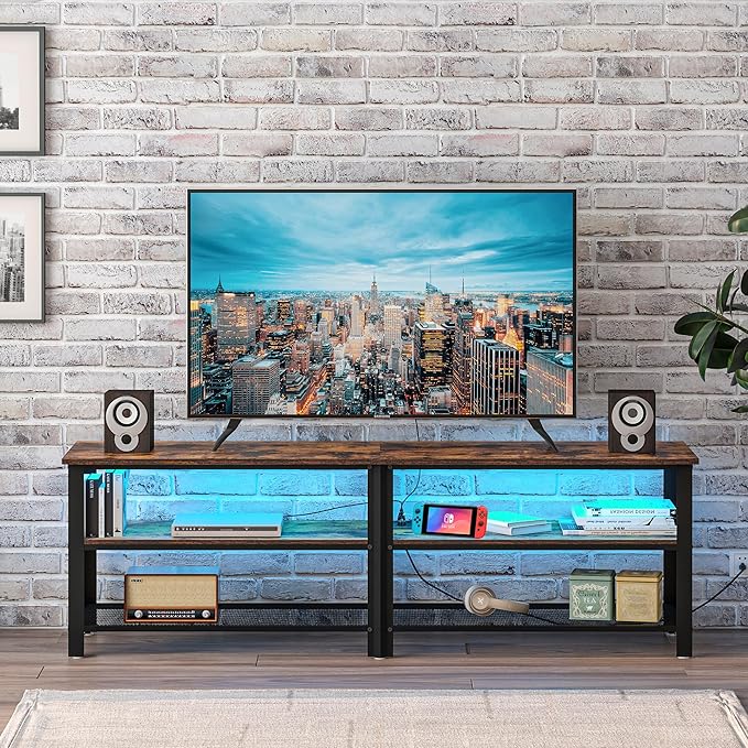 Clikuutory Modern Brown 63 inch Metal TV Stand with LED Lights and Power Outlets for 40 50 55 60 65 70 Inch TVs, 3 Tier Television Stands with Entertainment Center and Storage for Living Room, Bedroom