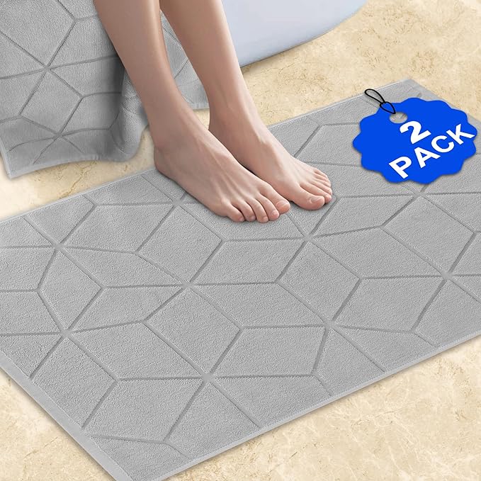 Hotel Quality - 1100GSM, 2 PACK Gray Bathroom Mats [Not a Bath Rug] - 100% Cotton | Thick | 19"x30" | Washable, Soft Bath Mat Towel for Bathroom Floor, Absorbent Terry Cloth Feet Towels, Gray