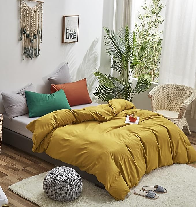 Luxlovery Mustard Yellow Comforter Set King Bright Yellow Bedding Set Soft Breathable Blanket Quilts with 1 Green+1 Caramel Pillowcase Women Men