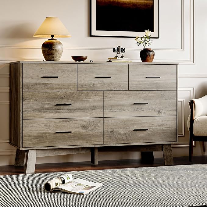 Dresser for Bedroom with 7-Drawer, 47.2" Wide Modern Chest of Drawers with Metal Handles, X-Shape Base & Adjustable Center Leg, Anti-Tip Closet Organizers and Storage