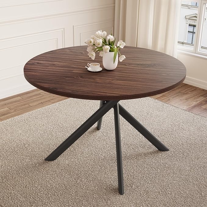45.3 Inch Modern Round Dining Table for 4, Space-Saving Dinette with Carbon Steel Legs for Home Kitchen Apartment(Walnut Table)