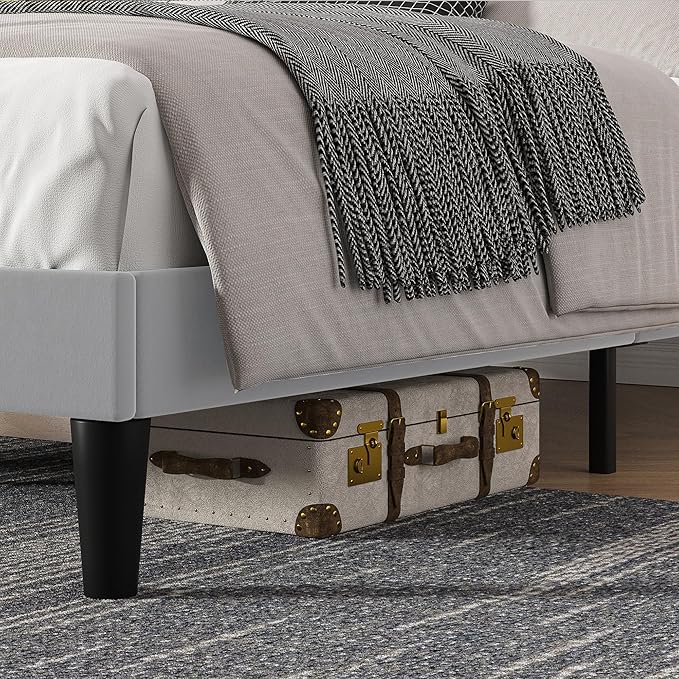 VECELO Full Size Bed Frame with Upholstered Headboard, Velvet Platform Bedframe Mattress Foundation, Strong Wood Slat Support, No Box Spring Needed,Light Grey