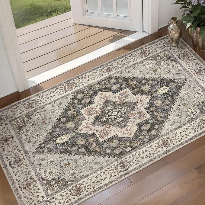 Kitchen Rugs 2x4 Washable Rug for Entryway Vintage Non Slip Small Rugs Front Door Mat Indoor Entrance, Print Distressed Throw Rug Grey Brown Soft Low Pile Rugs Small Carpet for Entry Bedroom Bathroom