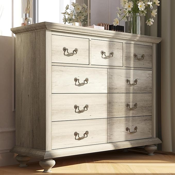 9 Drawers Dresser for Bedroom, Wooden Chest of Drawer with Large Drawers & Metal Handles for Bedroom, Living Room, Hallway, Grey