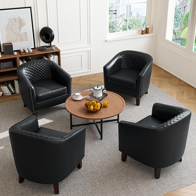 Accent Barrel Chair, Upholstered Faux Leather Club Chair with Nailed Trim, Comfy Reading Armchair for Living Room Bedroom Reception Room Office (Black, Set of 1)