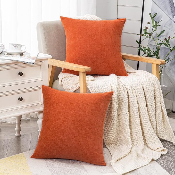 GAWAMAY Decorative Chenille Throw Pillow Covers 26x26 Inch Pack of 2, Soft Square Couch Pillow Cover for Sofa Cushion Living Room Bedroom Solid Dyed Oversized Pillowcases Orange 66x66cm (ONLY Covers)