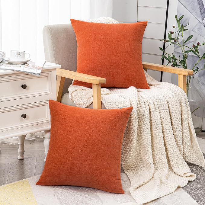 GAWAMAY Decorative Square Throw Pillow Covers 18"x18" Inch Set of 2, Super Soft Chenille Pillows Farmhouse Fall Pillowcase for Living Room Bedroom Sofa Couch Cushion Cover Burnt Orange 45x45cm