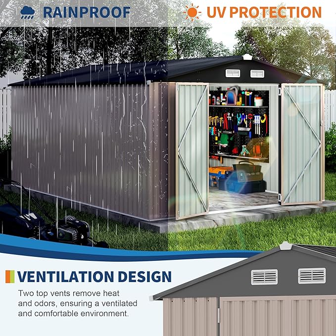 10x14 FT Metal Storage Sheds Outdoor, Metal ToolShed with Lockable Door, Metals Yard Sheds Metals Garden Shed Kit, MetalUtility Sheds Buildings with Air Vent for Backyard Garden Patio Lawn