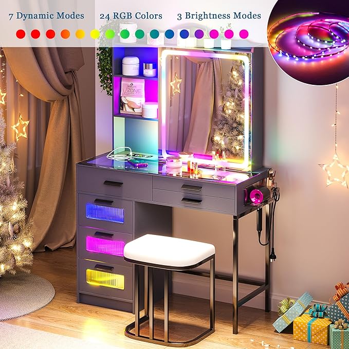 RGB Vanity Desk with Sliding Mirror and Lights, LED Makeup Vanity with Charging Station/Motion Sensor Light, Glass Top Dressing Table Set with Jewelry Box,6 Drawers,Stool for Bedroom(Grey)