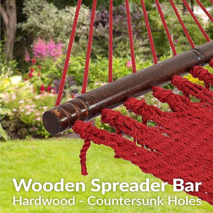 Sunnydaze Soft-Spun Polyester Rope Double Hammock for Outside - 600-Pound Weight Capacity Extra Large Hammock - Red