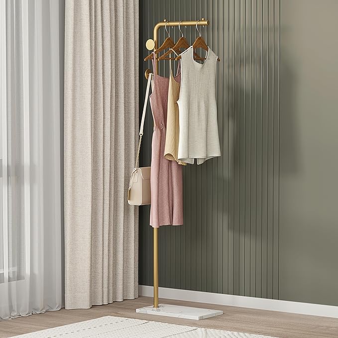 Coat Rack Stand, Gold Clothing Rack Freestanding with Satin Steel Finish and Natural Stable Marble Base, for Coats, Hats, Scarves, Clothes, and Handbags be Applicable Home Bedroom Hotel Hall