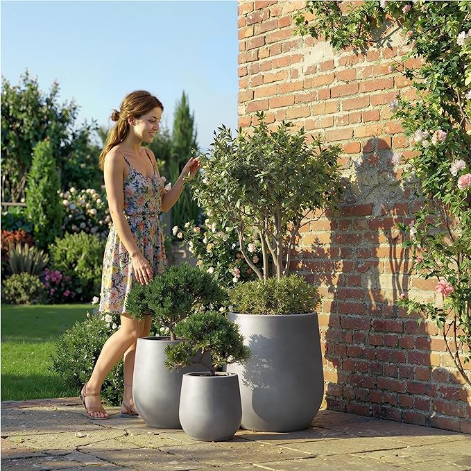DTY Signature Mount Wilson Modern Indoor Outdoor Fiberstone Tapered Planter, Lightweight, Weather Resistant Garden Pot with Drainage Hole & Rubber Plug, Planter for Christmas Decor - Gray, Small