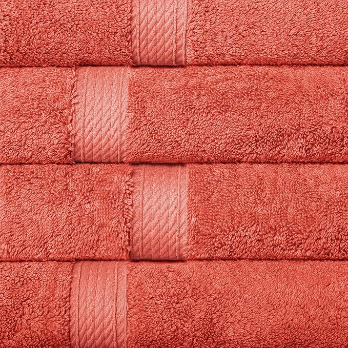 Superior Egyptian Cotton Pile Hand Towel Set of 4, Ultra Soft Luxury Towels, Thick Plush Essentials, Absorbent Heavyweight, Guest Bath, Hotel, Spa, Home Bathroom, Shower Basics, Coral