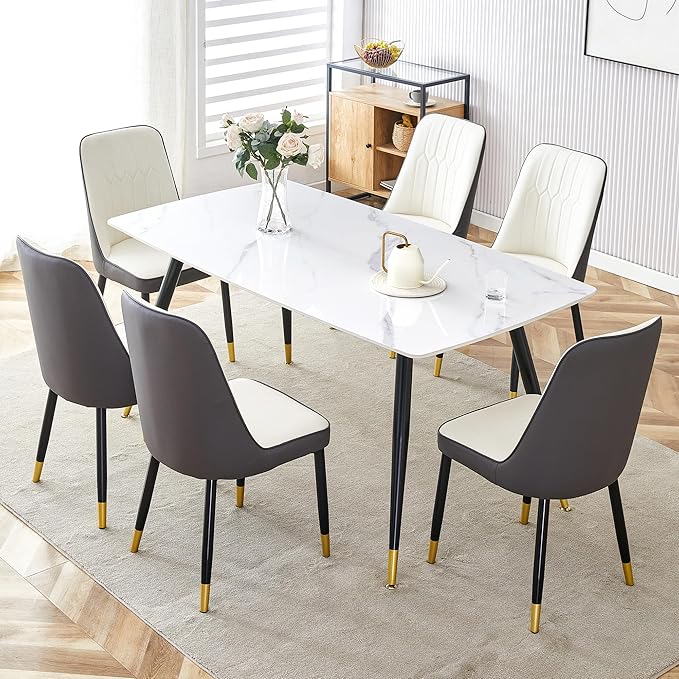 Dining Room Table Set for 6, Dinner Table Set for 6, Sintered Stone Kitchen Table Top and Modern Chairs Set of 6 for Kitchen Dining Room