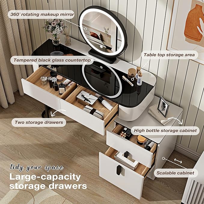 Small Vanity Desk with Mirror and Lights| Modern Makeup Vanity Table with Adjustable Nightstand and 4 Storage Drawers| Black and White Dressing Table for Bedroom Space