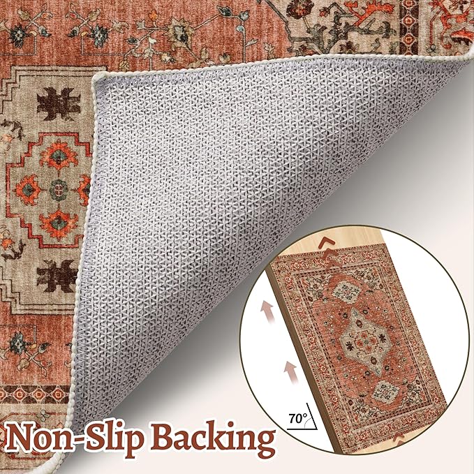 Tangsoo 3x5 Rug, Washable Vintage Rugs Indoor Area Rug, Non Slip Accent Rug, Print Distressed Taupe Carpet, Soft Low Pile Rug for Living Room Dorm Bedroom Bedside Entryway Bathroom