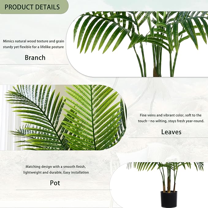 2 Pack Artificial Palm Tree 5FT Artificial Plants Indoor Tropical Fake Palm Tree Areca Floor Plant in Black Pot with 13 Trunks & Real Bark Design, Faux Palm Plant for Outdoor Patio Home Office Decor