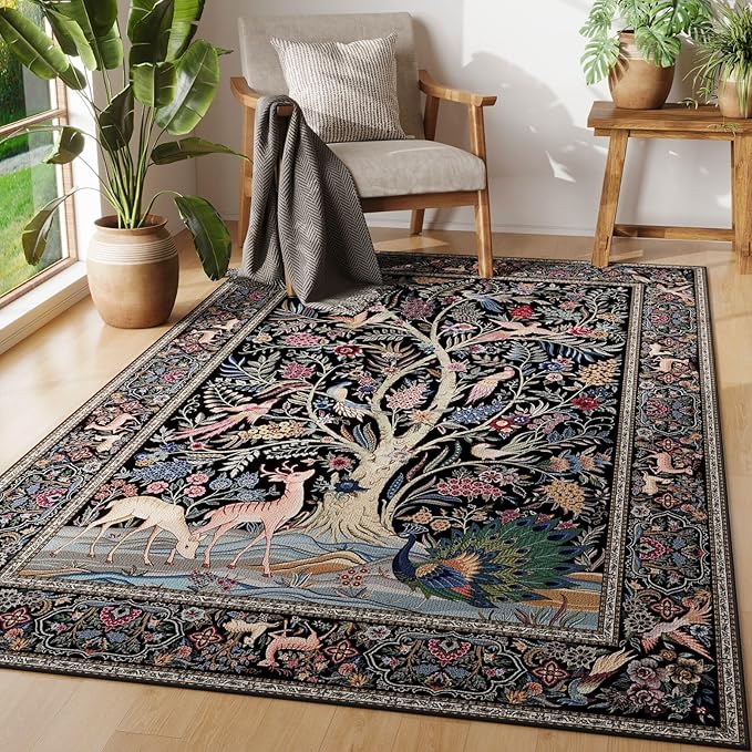 Area Rugs 4x6 Vibrant Tree of Life-Patterned Vintage Washable Rugs Non Slip Low Pile Small Carpet for Bedroom Bedside Kids Room Office Dining Room, Black