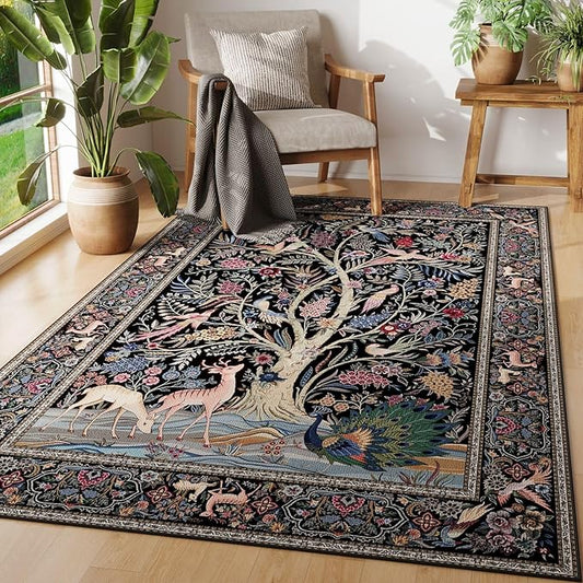 Area Rugs 4x6 Vibrant Tree of Life-Patterned Vintage Washable Rugs Non Slip Low Pile Small Carpet for Bedroom Bedside Kids Room Office Dining Room, Black