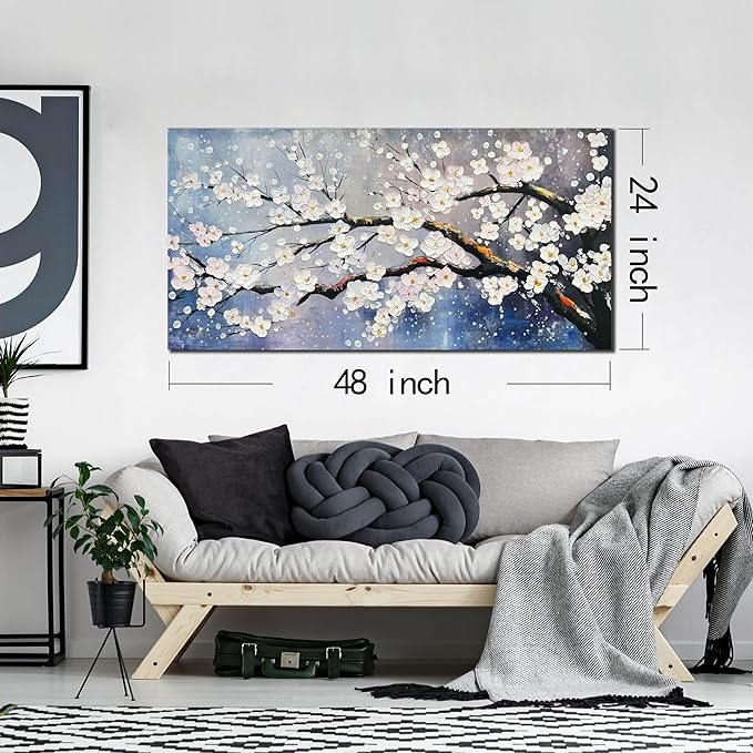 White Flowers Hand Painted Wall Art For Office Women Blue Wall Decor For Bedroom Aesthetic Family Wall Decor For Living Room Size 24 x 47 Inch