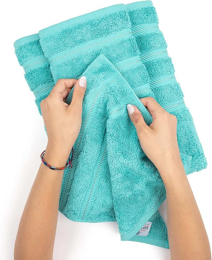 American Soft Linen Luxury 6 Piece Towel Set, 2 Bath Towels 2 Hand Towel 2 Washcloths, 600 GSM 100% Cotton Turkish Towels for Bathroom, Turquoise Blue Towel Sets