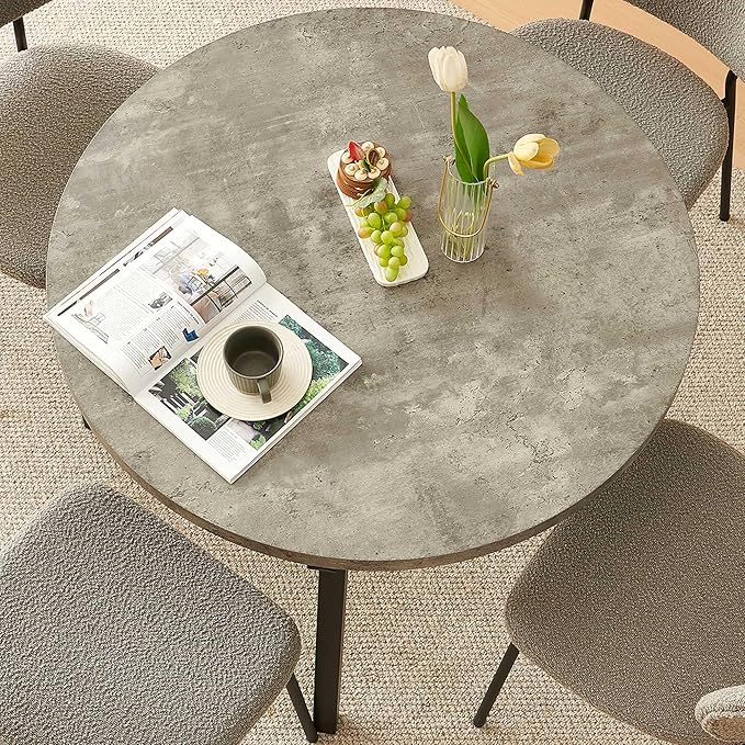 3-Pieces Kitchen Dining Table Set for 2, Grey Round Table MDF with 4 Metal Hooks for Hanging, Modern Dining Table Set with 2 Seated Grey Boucle Dining Chairs for Living Room, Apartment